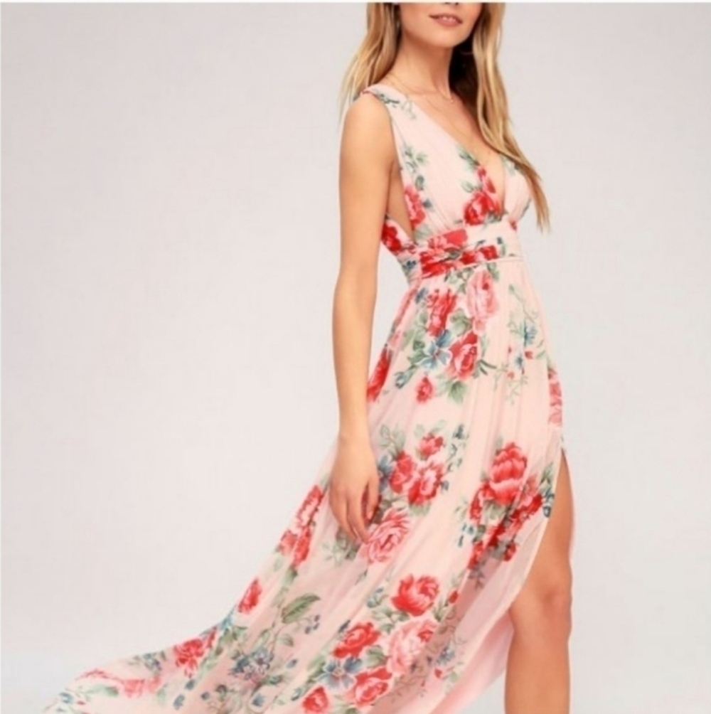 Lulu's Garden Meandering Floral Chiffon Sleeveless Maxi Dress Blush Size Small - Picture 2 of 14